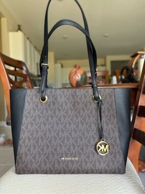 Michael Kors Brown Logo Tote with Black Trim and Gold Hardware